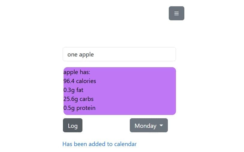 The app with “one apple” typed into its entry box, returning 96.4 calories, 0.3g fat, 25.6g carbs and 0.5g protein, ready to log against Monday.